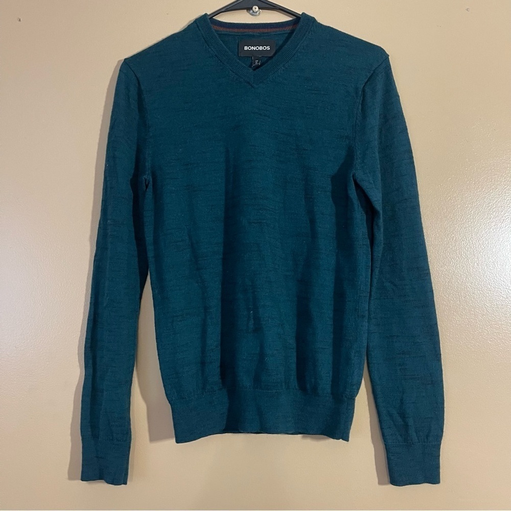 Bonobos Men's Green and black extra fine merino wool V-Neck Sweater size xs slim